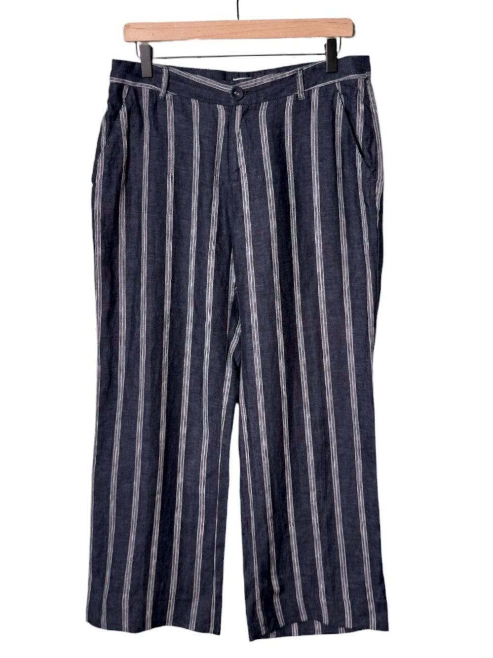 Garnet Hill Linen Striped Trousers Pants Navy Blue White Cropped Women’s Size 10